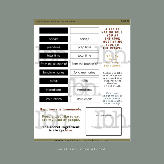 Recipe Journal Digital Sticker Sheet Bundle